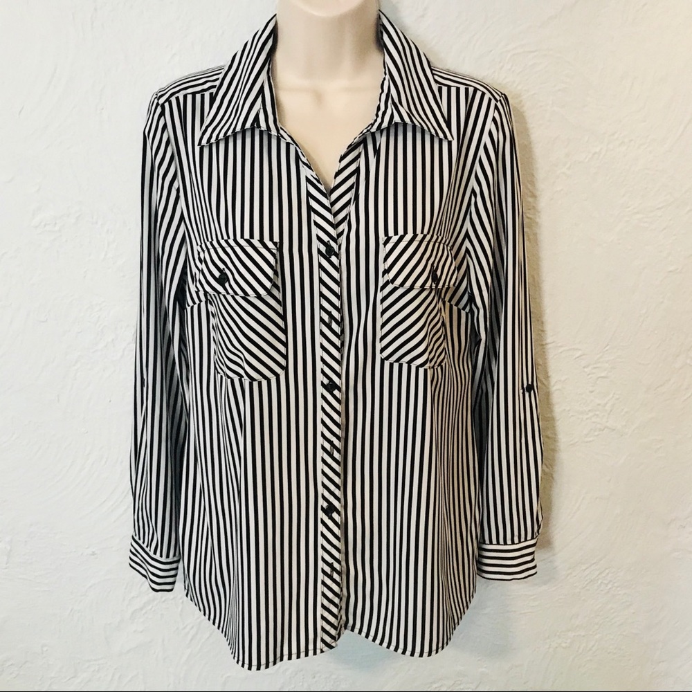 Studio Works Black White Striped Button Front Blouse NWOT Size S